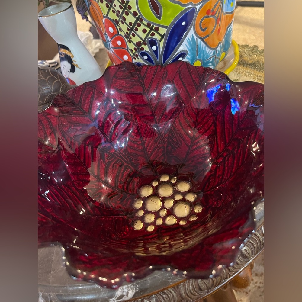 Elegant Red Glass Leaf Bowl